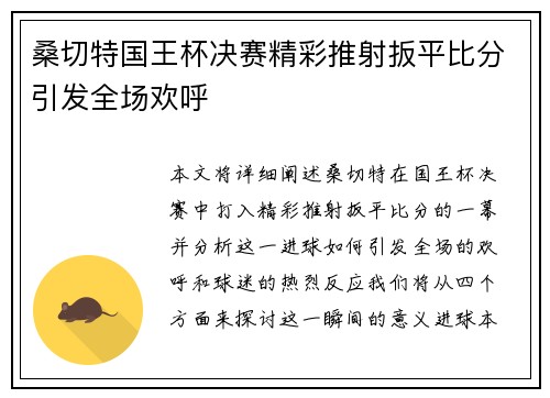 桑切特国王杯决赛精彩推射扳平比分引发全场欢呼